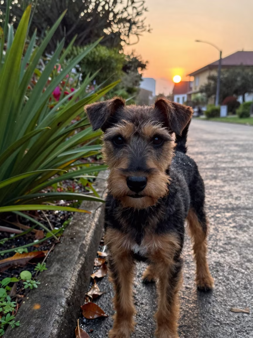 Rat Terrier Portrait on Garden Path at Sunset in near a garden edge with soft morning light and an uncluttered background in Punta del Este