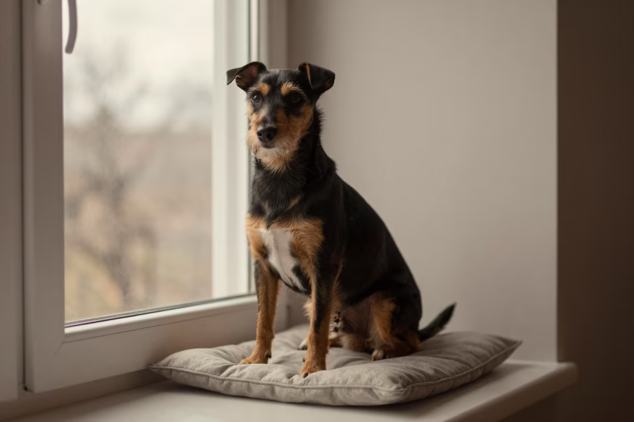 Rat Terrier Portrait on Window Seat Holon in on a cushioned window seat with soft side light and an uncluttered background in Holon