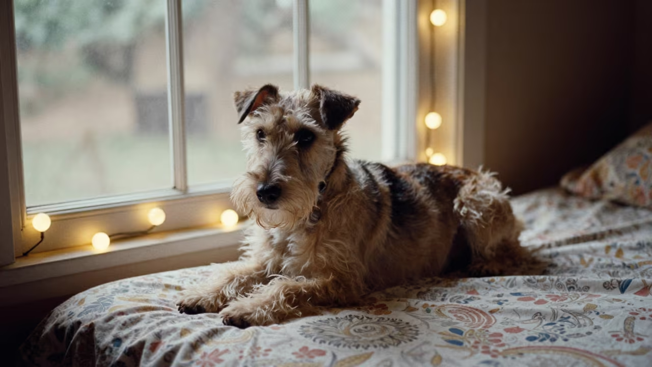 Rat Terrier Resting on Bedspread in Nkongsamba Home in on a bedspread near a bright window with calm indoor light in Nkongsamba