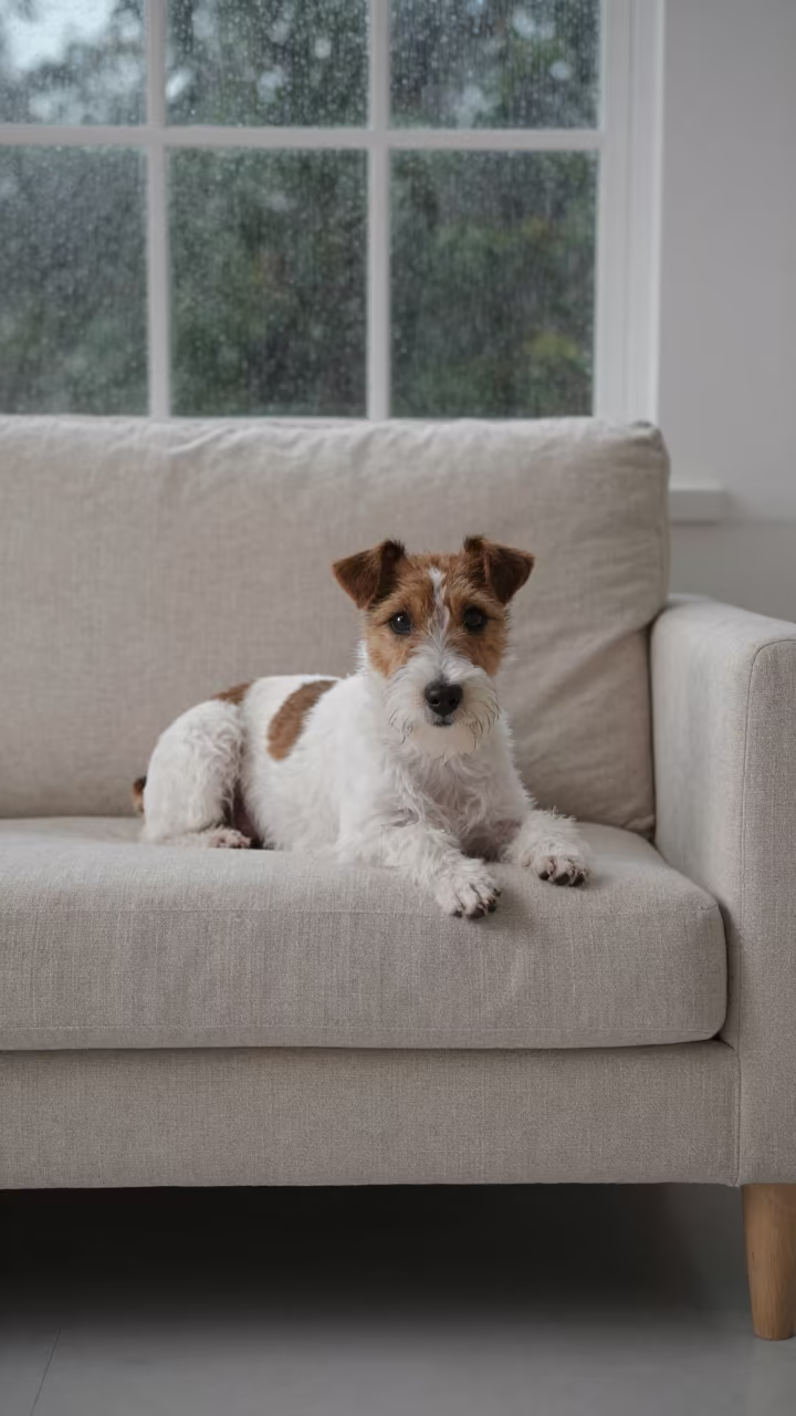 Rat Terrier Resting on Linen Sofa in Soft Light in on a linen sofa with daylight from a nearby window near Campinas