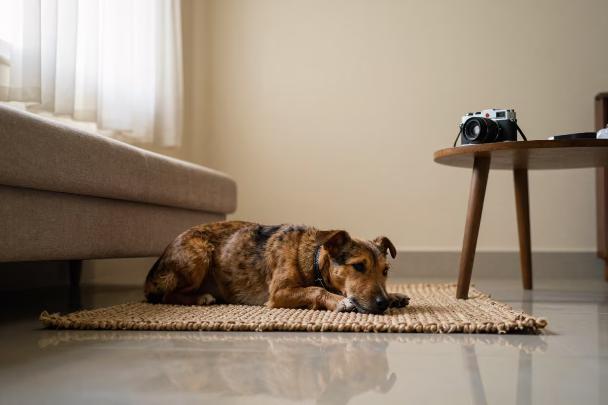 Rat Terrier Resting on Rug in Lucknow Home in on a woven rug beside a low couch and an uncluttered wall in Lucknow