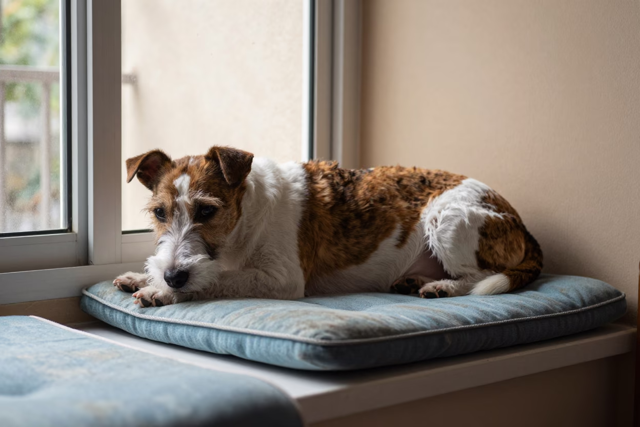 Rat Terrier Resting on Window Seat Hong Kong in on a window seat in a quiet apartment with soft side light near Sham Shui Po, Hong Kong