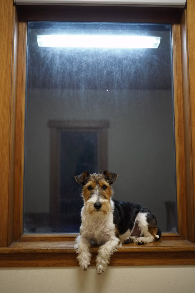 Rat Terrier Resting on Window Seat in Fluorescent Light in on a window seat in a quiet apartment with soft side light in Bahawalpur