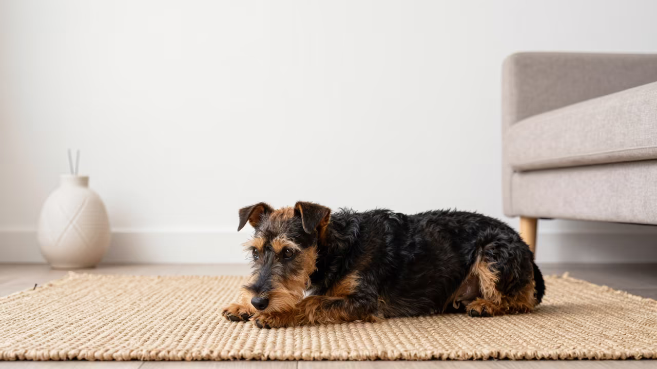 Rat Terrier Resting on Woven Rug in Ashkelon Home in on a woven rug beside a low couch and an uncluttered wall near Ashkelon