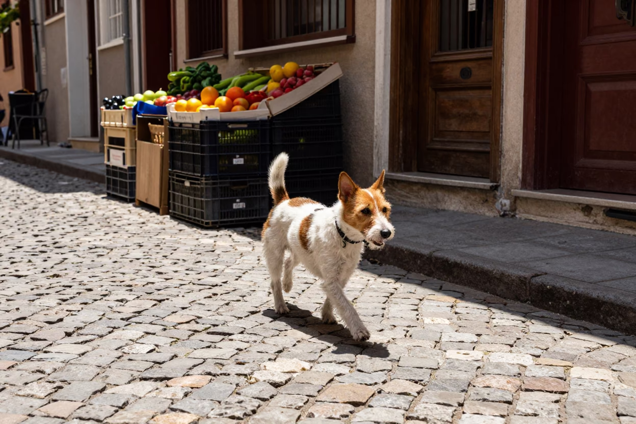 Rat Terrier running on Istanbul cobblestone street at midday in in Istanbul, Turkey