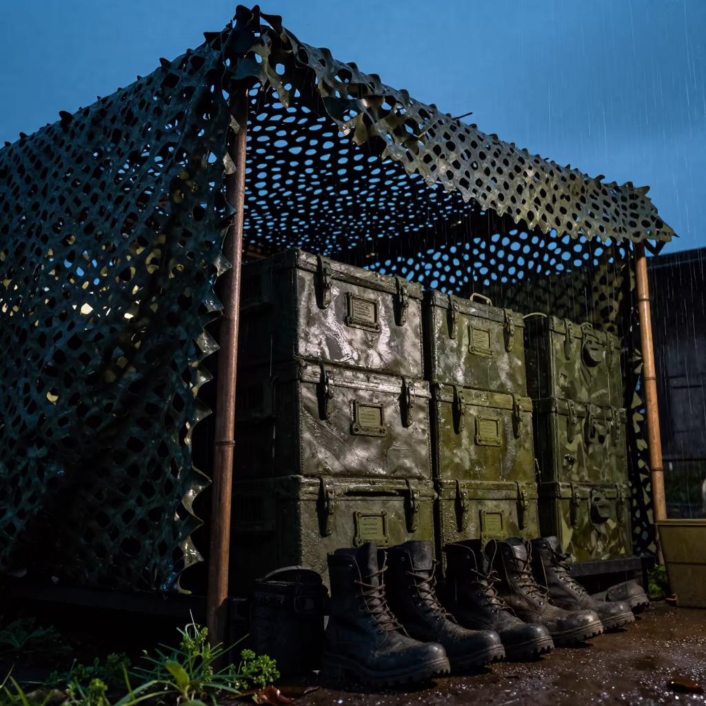 Ration Crate Stack Under Camo Net in Brunei in beneath a camouflage net shelter in Brunei