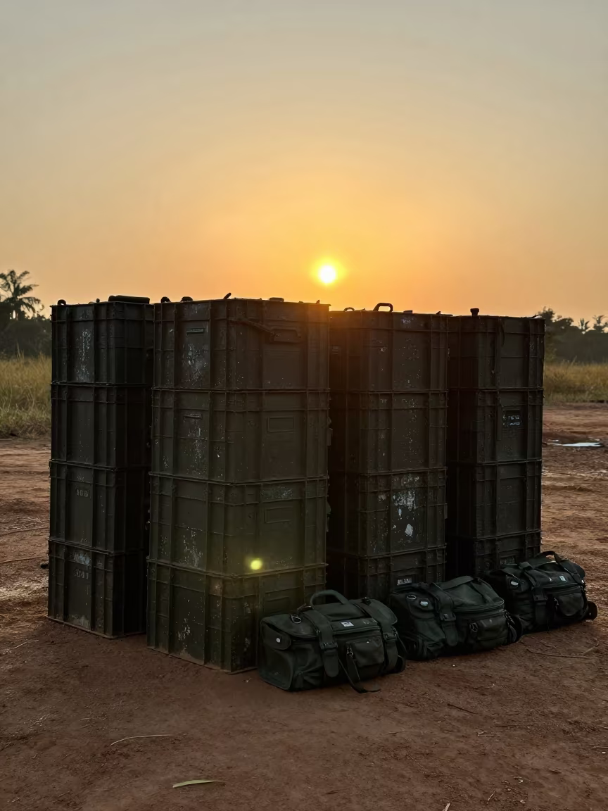 Ration Crate Stack Silhouetted in Golden Hour Light in beside a convoy halt on open ground in Mizoram