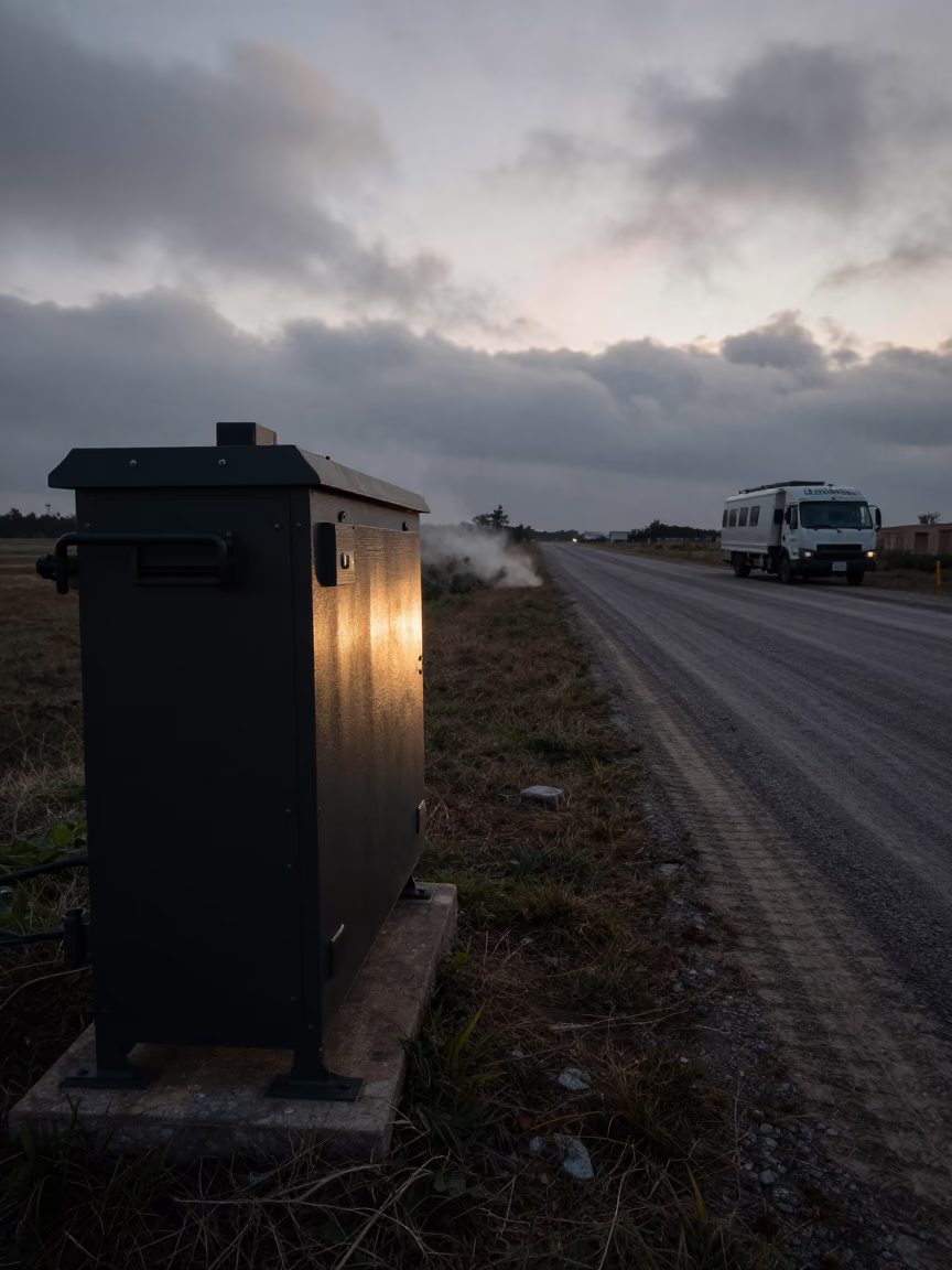 Ration heater box at dawn near Guangzhou convoy in beside a convoy halt on open ground near Guangzhou