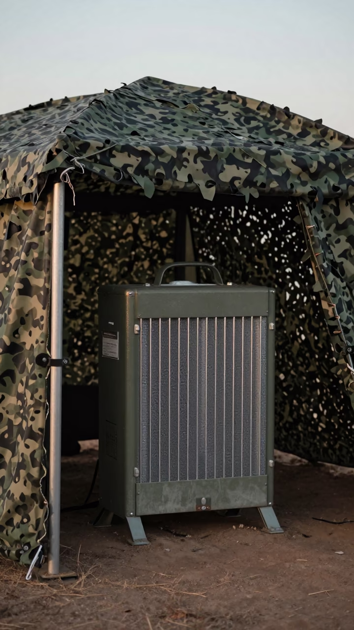 Ration Heater Box Under Camo Net at Dawn in beneath a camouflage net shelter in Senegal