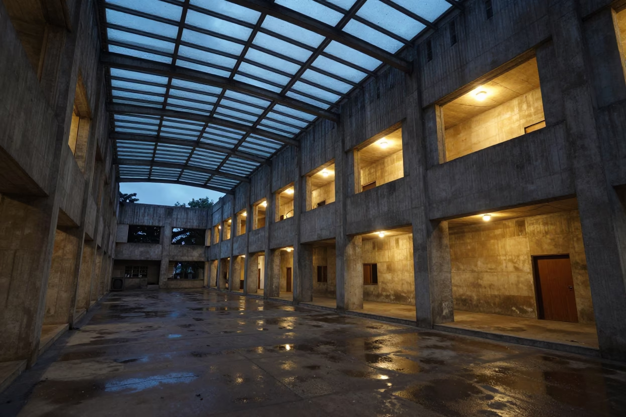Ratlam Brutist Arcade Monsoon Pre-Dawn in inside a glass-roofed arcade in Ratlam