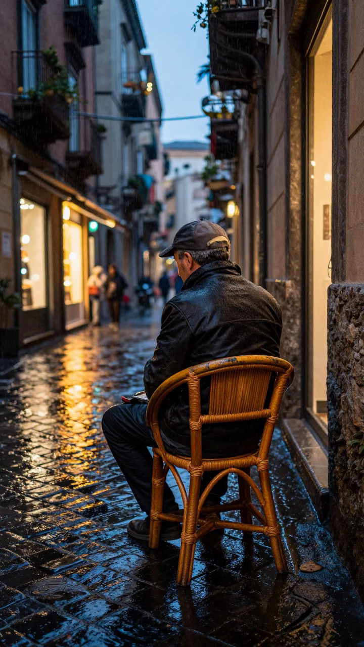 Rattan Chair in Naples at Dusk Light in in Naples, Italy