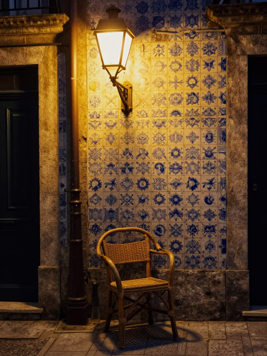 Rattan Chair in Porto at Midnight Light in in Porto, Portugal