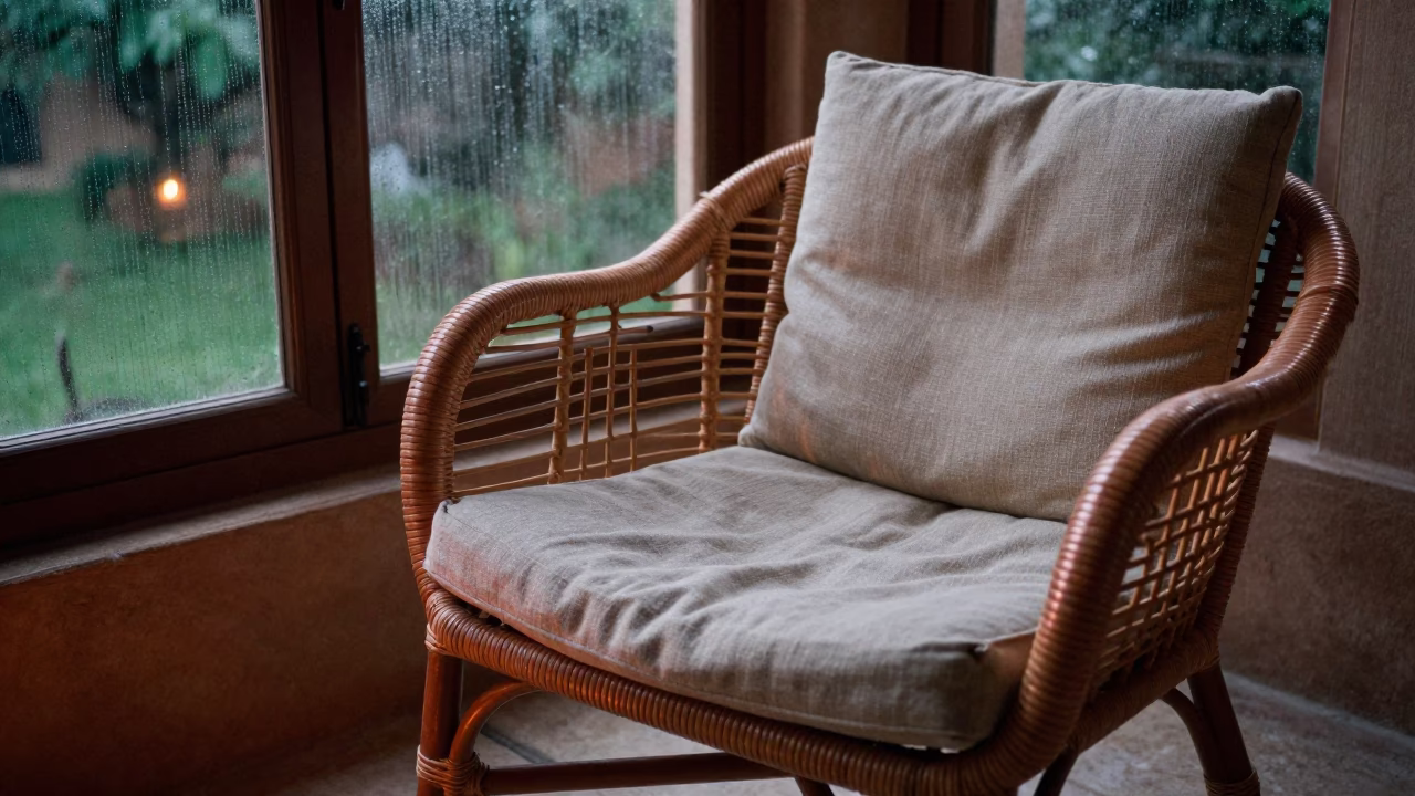 Rattan Chair and Linen Cushion in Jodhpur Sunroom in in a sunlit living room in Jodhpur