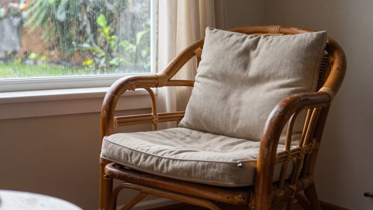 Rattan Chair With Linen Cushion Sunroom in on a worn leather armchair near Akure