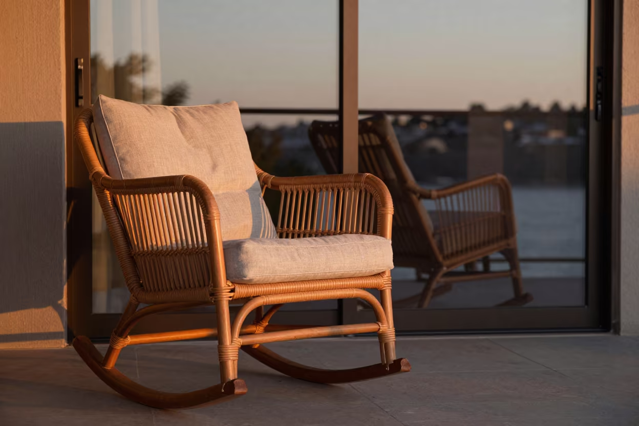 Rattan Chair Linen Cushion Sunroom Dusk in on a porch with a rocking chair in Sydney