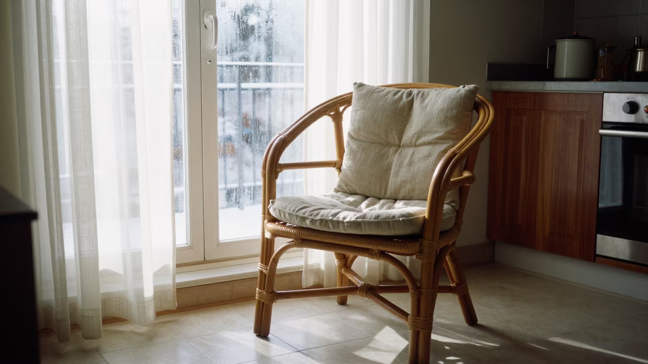Rattan Chair Linen Cushion Sunroom Sargodha Winter in in a cozy kitchen in Sargodha
