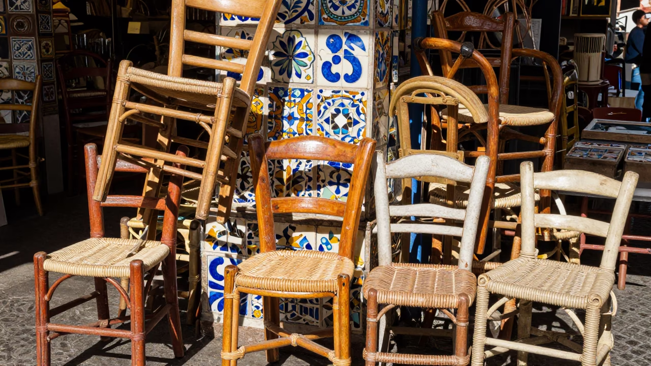 Rattan Chairs in Rome at Bright Midmorning Light in in Rome, Italy