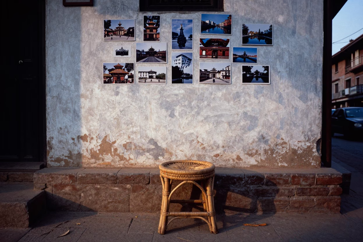 Rattan Stool and Postcards on Plaster Wall in Kathmandu Early Evening Twilight in in Kathmandu, Nepal
