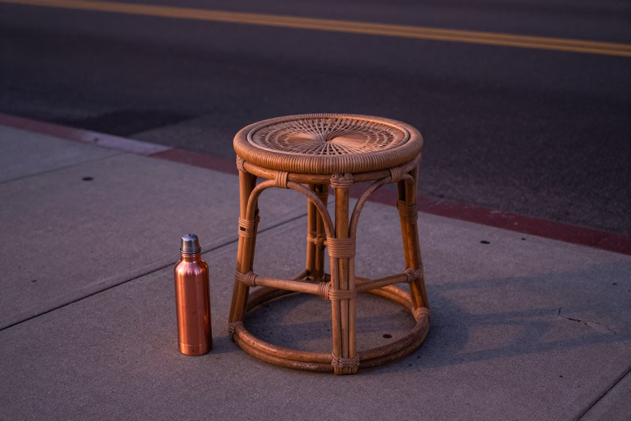 Rattan Stool and Water Bottle in San Diego Copper Light Before Dusk in in San Diego, California, United States