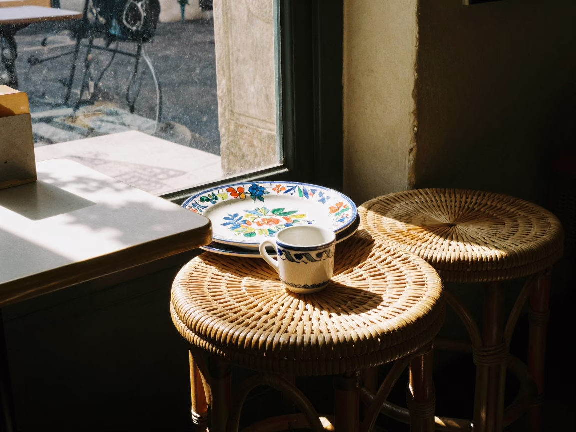 Rattan Stool in Naples at The Early Afternoon Light in in Naples, Italy