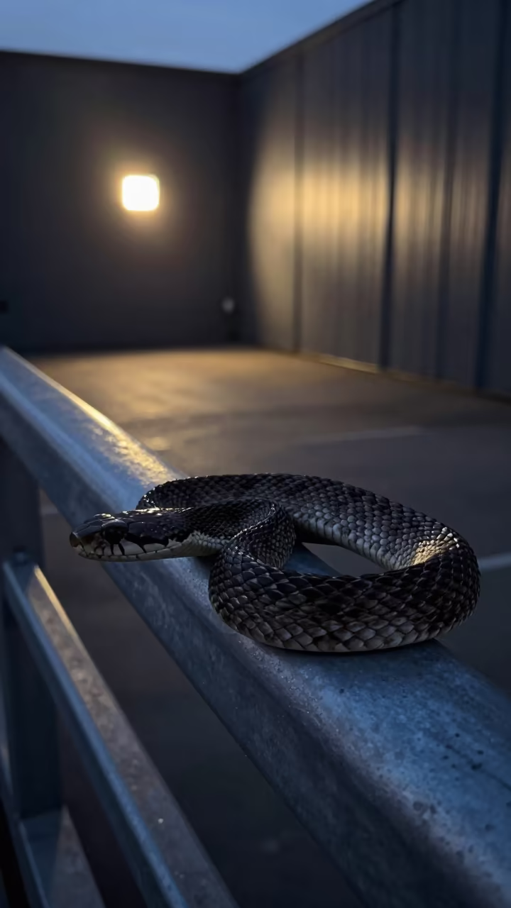 Rattlesnake Coiled on Pier Railing in Dawn Light in on a pier railing near Kunming