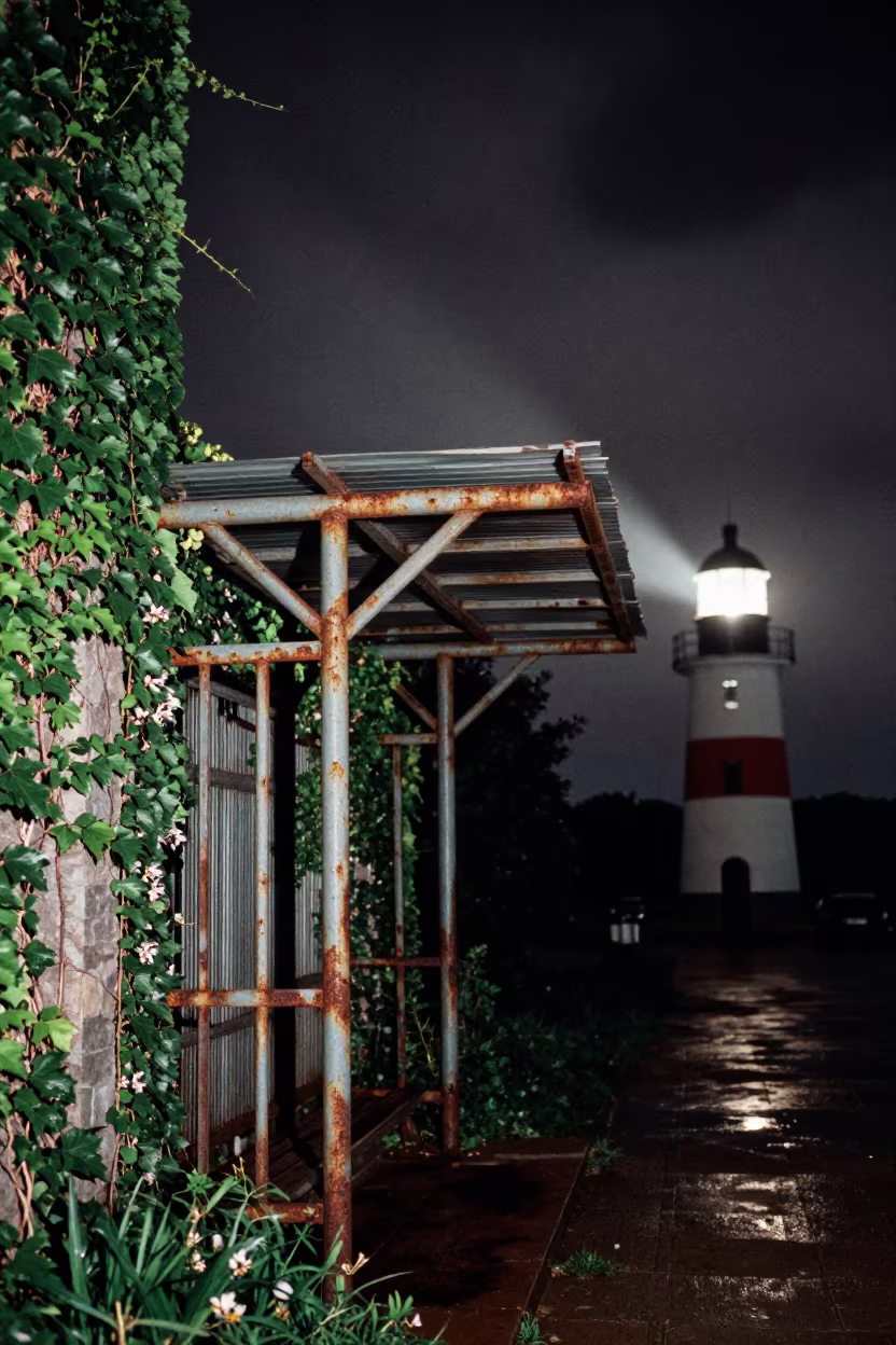 Rattling Station Canopy Under Night Lighthouse Beam in beside ivy-draped masonry in Guangdong