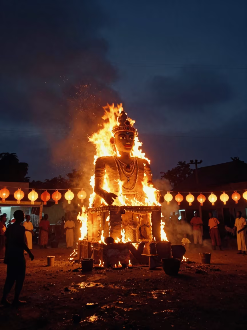 Ravana Effigy Burning in Lagos Night Lanterns in in a shrine lined with lanterns in Lagos