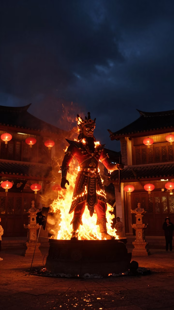 Ravana Effigy Burning in Lijiang Night Lanterns in in a shrine lined with lanterns in Lijiang