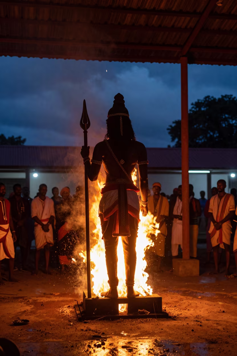 Ravana Effigy Burning at Night in Manzini Hall in in a ceremonial hall in Manzini