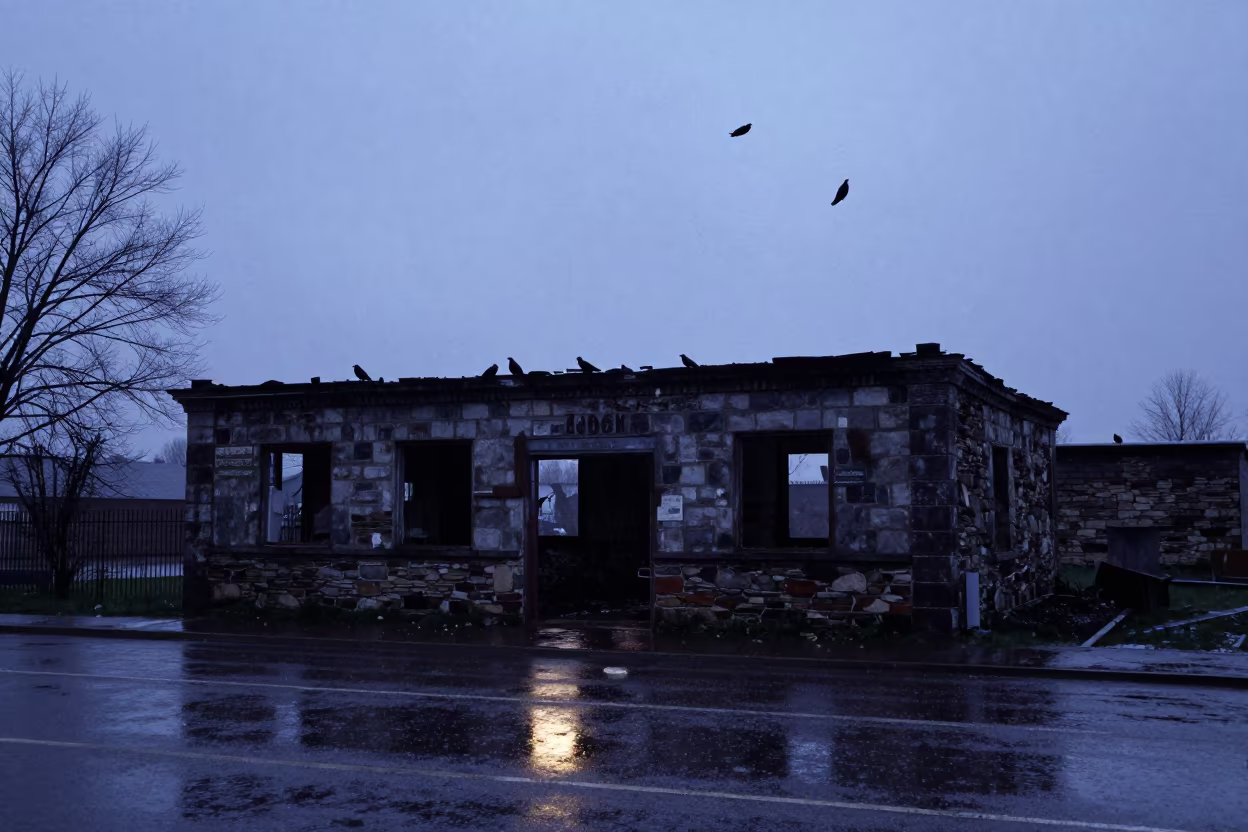 Ravens Over Ruined Feed Store Ica Twilight in near Ica