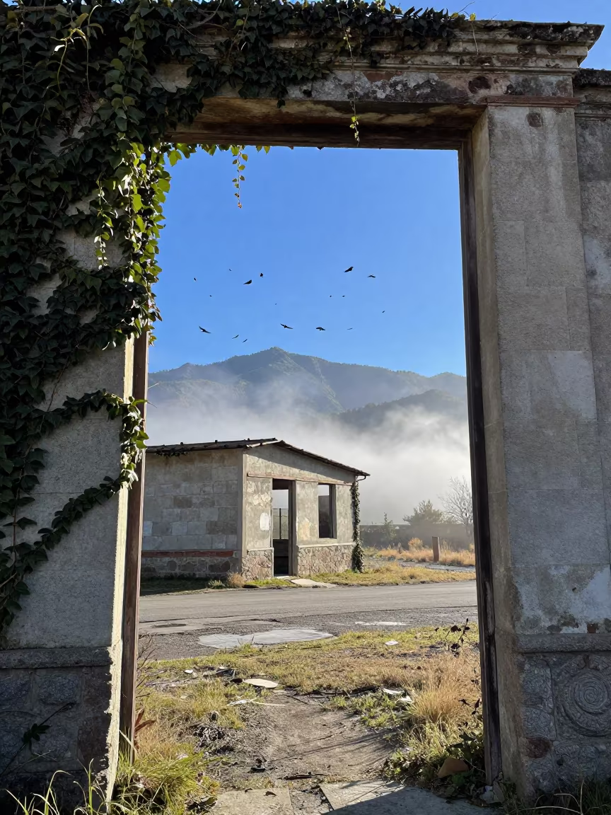 Ravens Perch on Winter Feed Store Ruins in beside ivy-draped masonry near Santiago