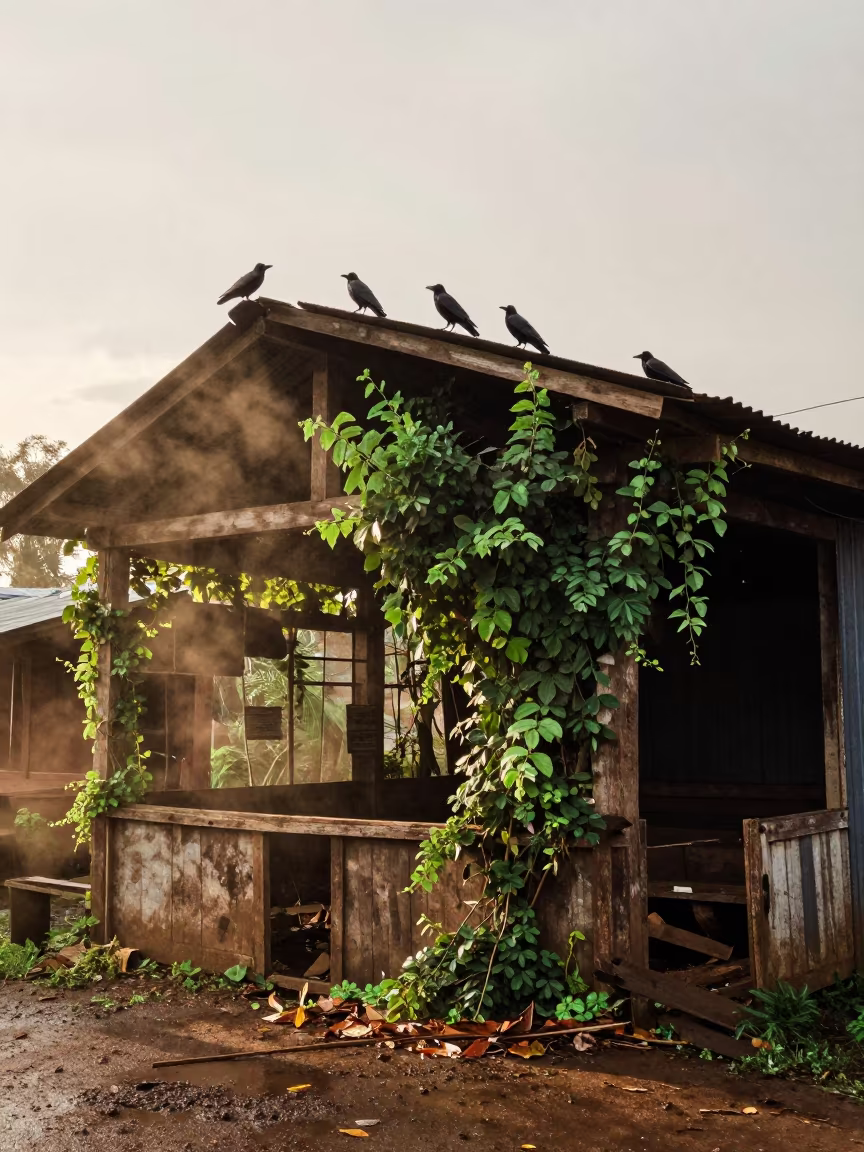 Ravens Over Ruined Feed Store Kisangani Rainy Season in along a vine-choked corridor near Kisangani