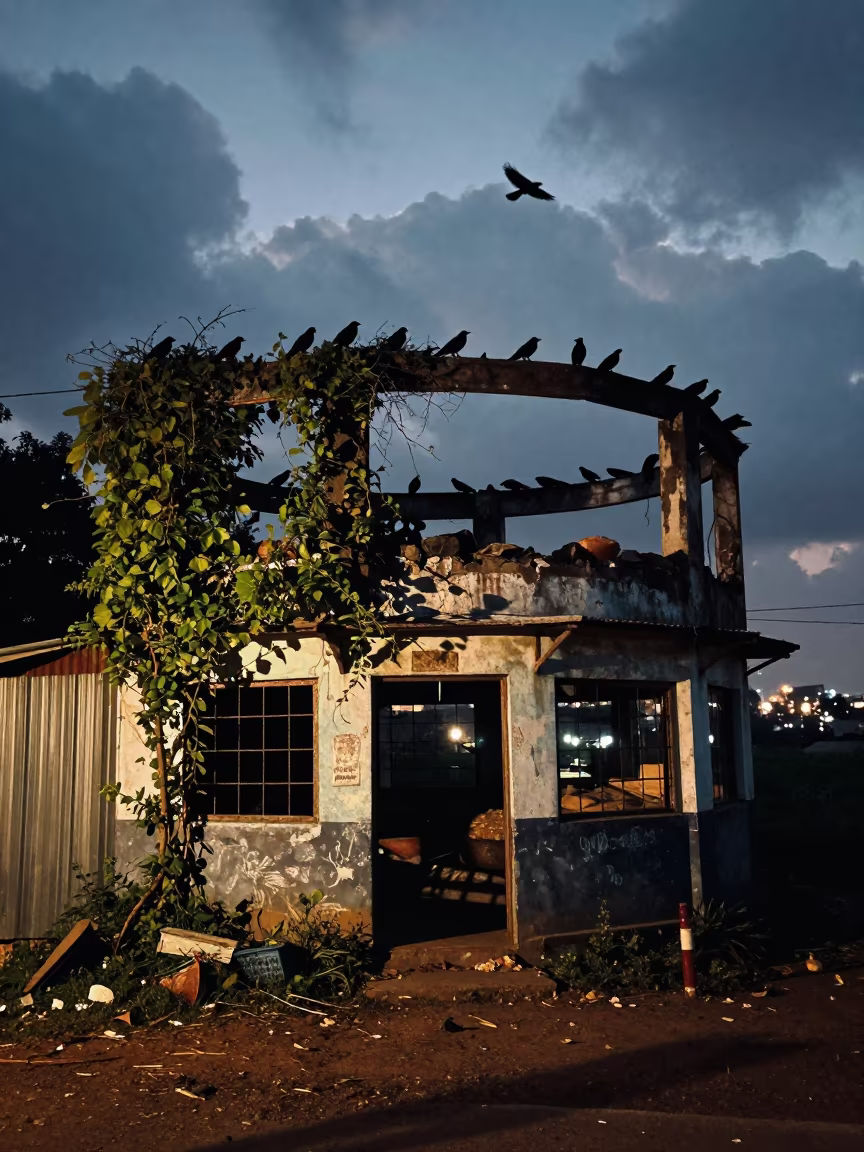 Ravens in Sri Lankan Ghost Feed Store Ruin in in Sri Lanka