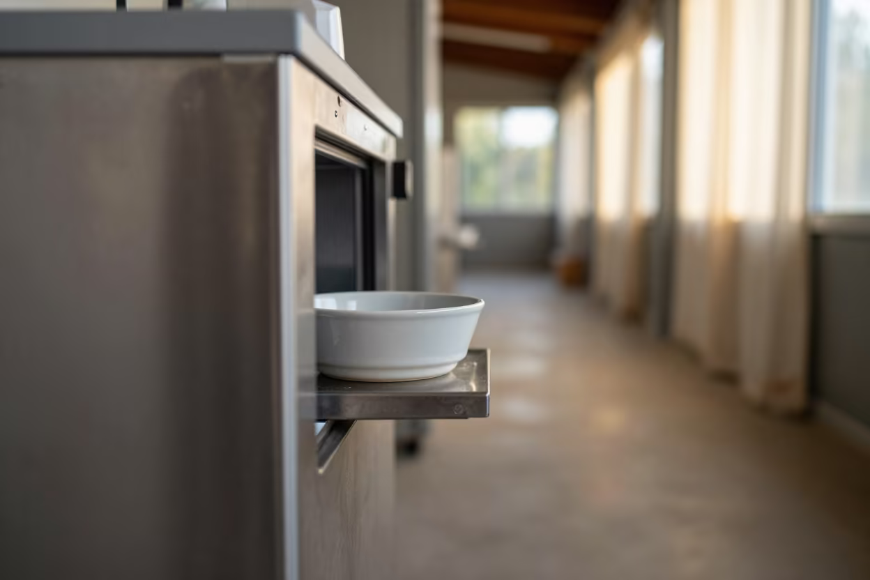 Raw Food Cooler and Sample Bowl in Kennel in in a boarding kennel corridor in Trelew