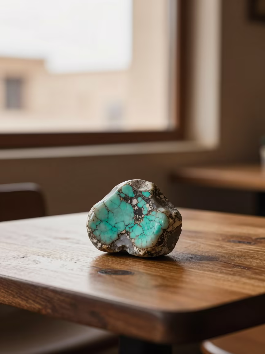Raw Turquoise Chunk on Edfu Cafe Table in on a cafe table by a window in Edfu