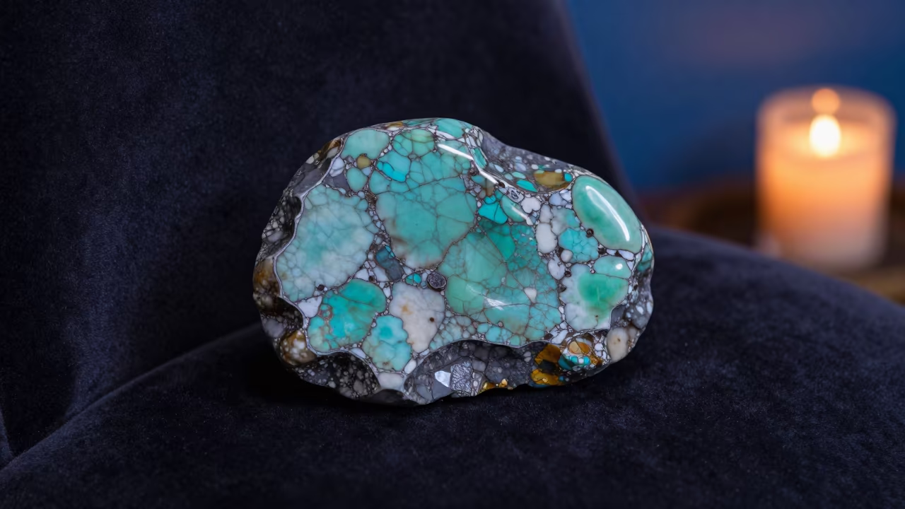 Raw Turquoise Stone on Velvet Chair in on a velvet chair in Chiang Mai