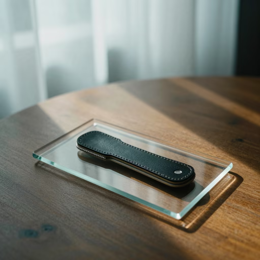 Razor Strop on Glass Tray Morning Light in on a cafe table by a window near Lokoja