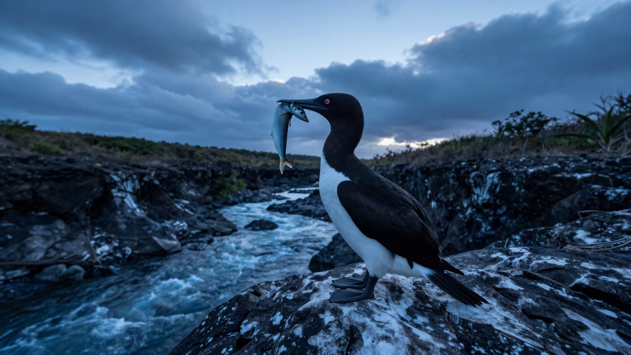 Razorbill on Cliff with Fish at Blue Hour in above a glacial stream in Fiji