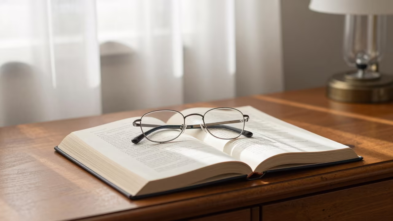 Reading Glasses on Poetry Book in Manchester Hotel in on a hotel dresser in Manchester