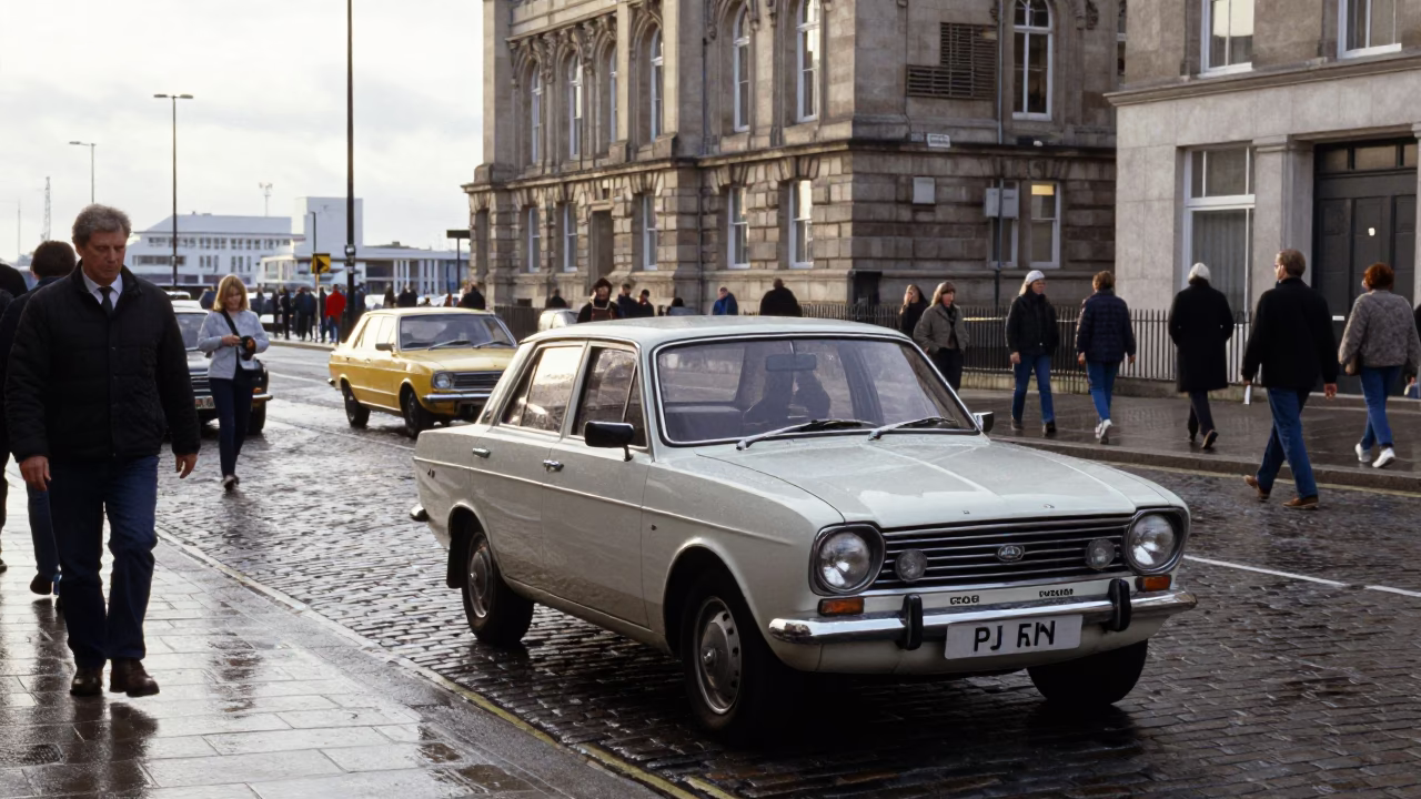 Realistic 1970s Liverpool Street Scene with Vintage Cars and Pedestrians in Early Afternoon in in Liverpool, United Kingdom