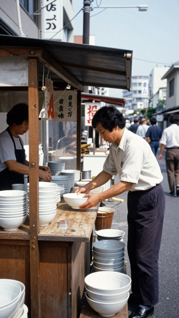 Realistic 1970s Tokyo Street Scene with Ceramic Bowl and Steaming Genmaicha Tea in in Tokyo, Japan