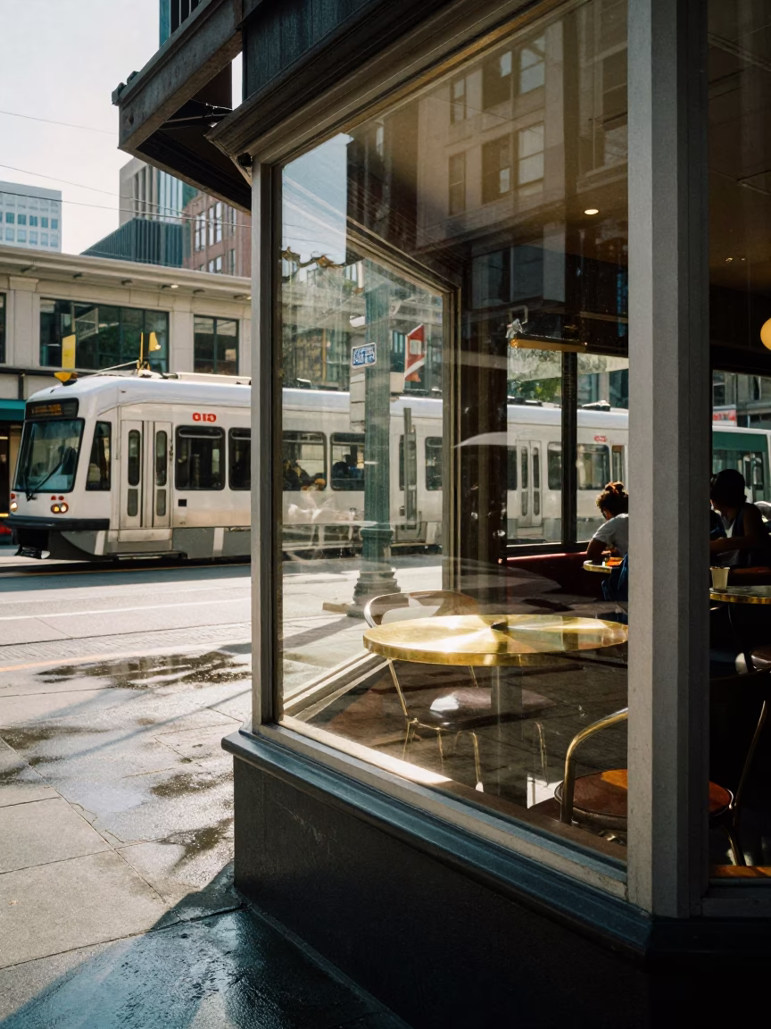 Realistic 1980s Seattle Street Scene with Monorail and Clear Glass Window Reflection in in Seattle, Washington, United States