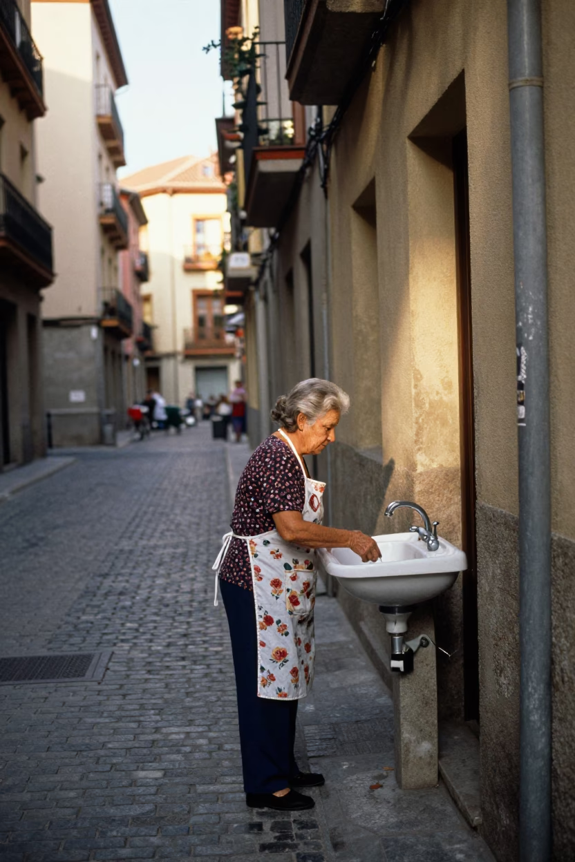 Realistic 1980s Street Scene in Madrid Spain Early Afternoon with Local Kitchenware in in Madrid, Spain