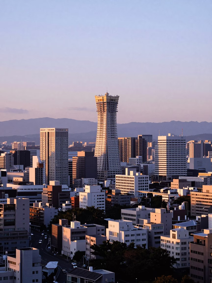 Realistic Early Afternoon Landscape Horizon Shot of Fukuoka Japan Cityscape in in Fukuoka, Japan
