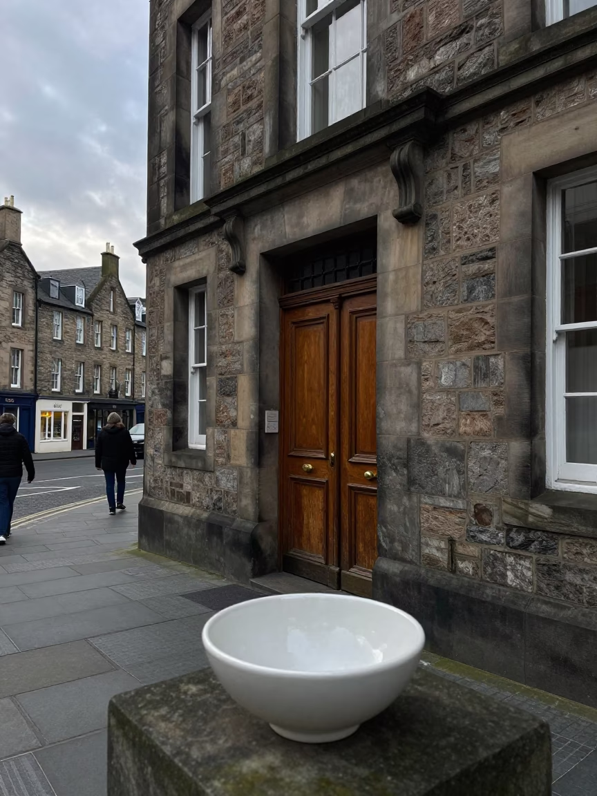 Realistic Edinburgh Street Scene Early Afternoon with Ceramic Bowl and Deadbolt Detail in in Edinburgh, United Kingdom