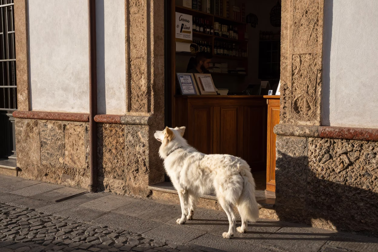 Realistic Late Afternoon Granada Street Scene with Collie Dog and Local Shopkeeper in in Granada, Spain