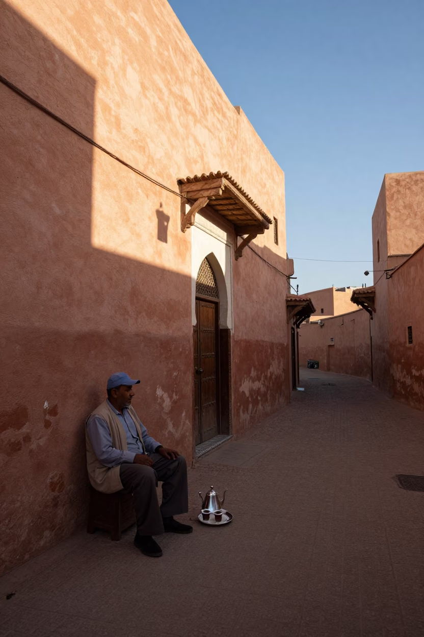 Realistic Late Afternoon Street Scene in Marrakech Morocco with Traditional Tea Service in in Marrakech, Morocco