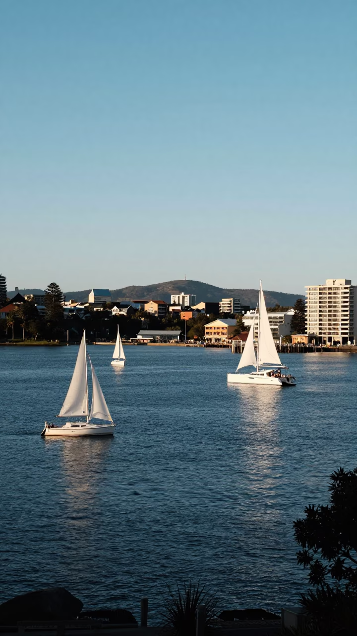 Realistic Late Afternoon View of Hobart Tasmania Harbor with Sailing Boats and Waterfront Buildings in in Hobart, Tasmania, Australia
