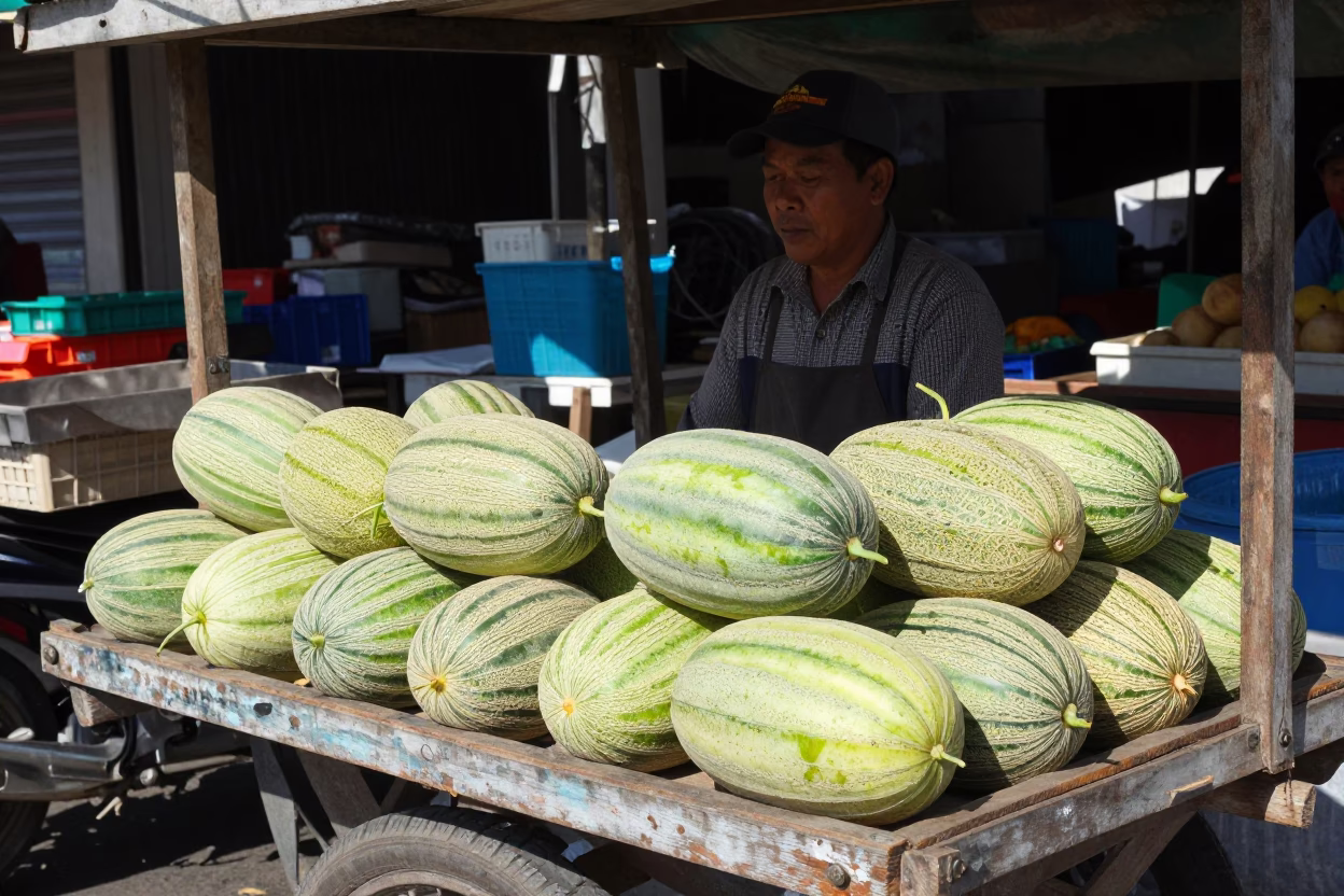 Realistic Noon Scene in Denpasar Indonesia Market Stall with Fresh Melons and Local Vendor in in Denpasar, Indonesia