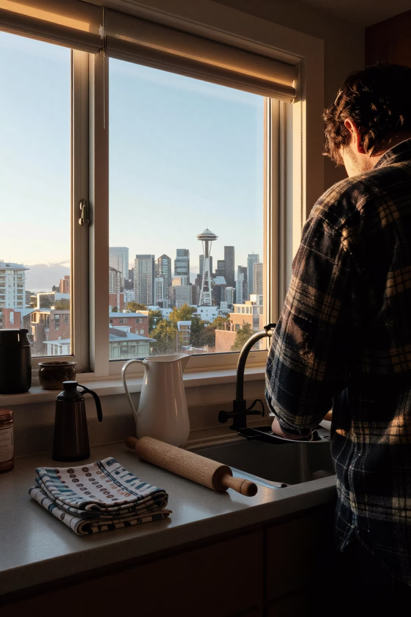 Realistic Photograph just after sunrise in Seattle in in Seattle, Washington, United States